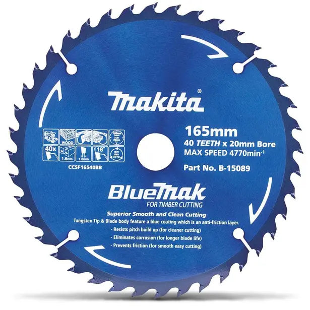 MAKITA 165mm 40T TCT Circular Saw Blade for Wood Cutting - Cordless Saws - BLUEMAK